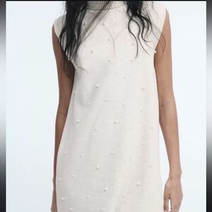 57. Zara Cream Pearl Accented Turtle Neck Sleeveless Dress